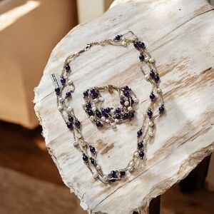 Freshwater Pearl & Purple Agate Necklace + Bracelet Set | 18k Gold Plated 925